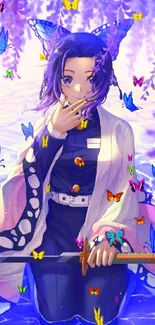 Anime girl with purple hair and blue butterflies in a serene setting.