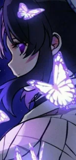 Anime girl silhouette with butterflies glowing in deep blue night sky.