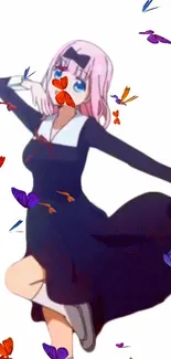 Anime girl with pink hair surrounded by butterflies on a white background.