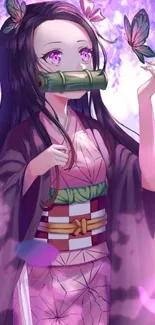 Anime girl in purple kimono with butterflies.