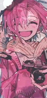 Anime girl with pink hair holding a camera artwork