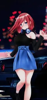 Anime girl with red hair, blue skirt, and headphones in front of a car at night.