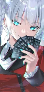 Anime girl holding cards with blue eyes and a red outfit.