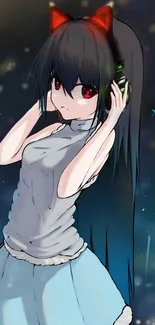 Anime girl with dark hair and cat ear headphones in a vibrant background.