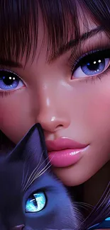 Anime girl with striking blue eyes and a cute cat.