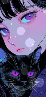 Anime girl with purple eyes and a cat.