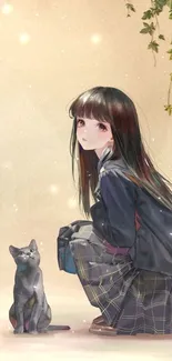 Anime girl squatting with a cat on a beige background.