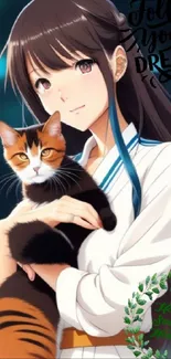 Anime girl holding a cat with a dreamy backdrop.