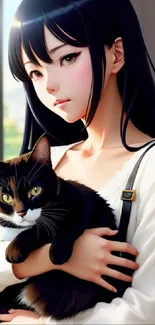 Anime girl holding a cat by window with bright light.