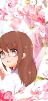 Anime girl with glasses amid bright cherry blossoms.