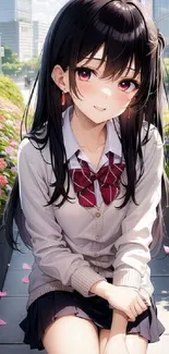 Anime girl in a cityscape with flowers.