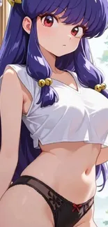 Anime girl with purple hair holding a coffee cup.