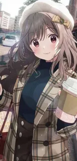 Anime girl in checkered coat holding coffee on city street.