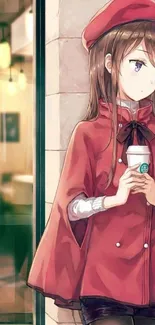 Anime girl in red coat holding coffee by cafe window.