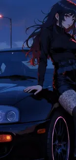 Anime girl leaning on a car, dark and stylish design.