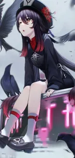 Anime girl with crows in a stylish wallpaper design.