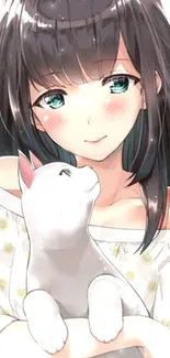 Anime girl holding a white cat, smiling gently.