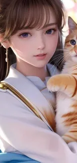 Anime girl holding a cute orange cat. Perfect for mobile wallpaper.