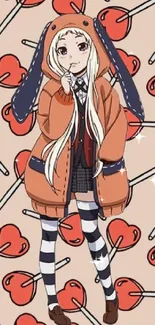 Anime girl in hoodie with heart pattern background.