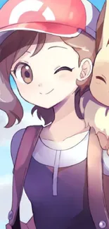 Anime girl winking with cute pet on shoulder on a sunny day.