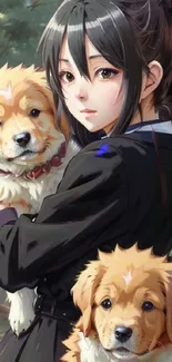 Anime girl holding puppies in forest setting wallpaper.