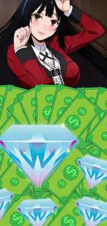 Anime girl with diamonds on dollar bills wallpaper.