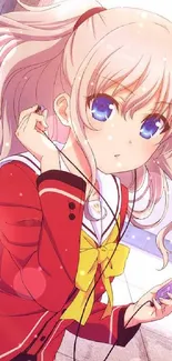 Anime girl with blue eyes wearing earphones and red jacket.