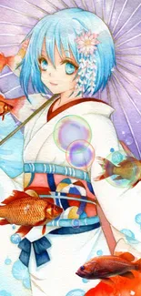 Anime girl in kimono with fish and umbrella wallpaper.