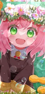 Anime girl with floral crown and pink hair in a garden.