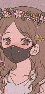 Anime girl with floral headband and black mask, pastel background.