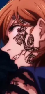 Anime girl with floral tattoo design on her face.