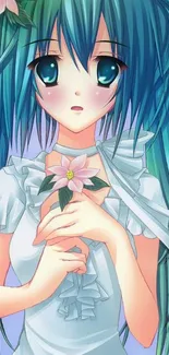 Anime girl with teal hair holding flowers, in a colorful wallpaper.