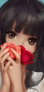 Anime girl with dark hair holding vibrant flowers.