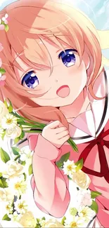 Anime girl with flowers and pink dress, smiling under blue sky.