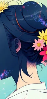 Anime girl with floral hair and vibrant colors.