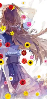 Anime girl with long flowing hair and flowers in pastel colors.