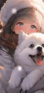 Anime girl hugs fluffy dog in winter scene.