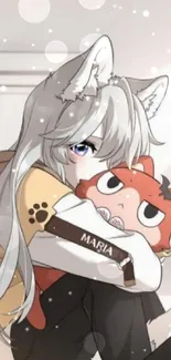 Anime girl cuddling fox plush toy in pastel tones.