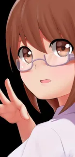 Anime girl with glasses, brown hair, and a charming expression on a black background.