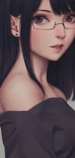 Anime girl with glasses and black hair on a mobile wallpaper.