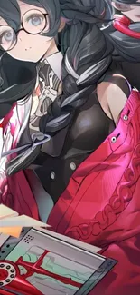 Anime girl with glasses and pink accents