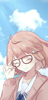 Anime girl with glasses smiles against a sky with clouds in soft tones.