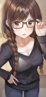 Anime girl wearing glasses with brown tones.