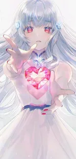 Anime girl with glowing heart and red eyes in a light blue theme.