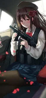 Anime girl holding a gun in a car, artistic and stylish.