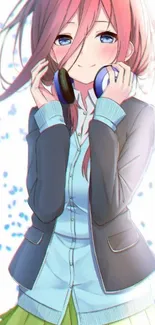 Anime girl with pink hair and headphones in vibrant design.