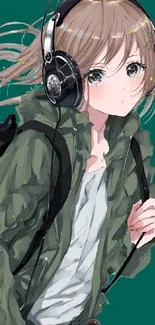 Anime girl with headphones and a backpack on teal background.