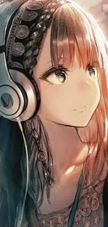 Anime girl wearing headphones with artistic detail and soft peach background.