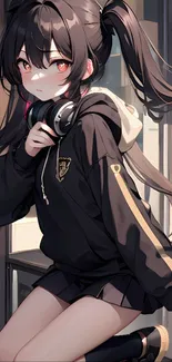 Anime girl with headphones in black hoodie.