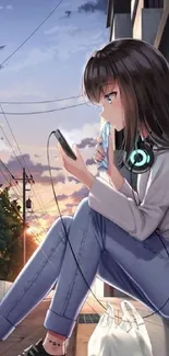 Anime girl with headphones sitting by sunset.